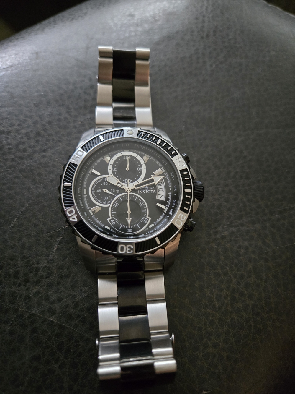 Invicta Black and Silver Stainless Steel Chronograph Watch